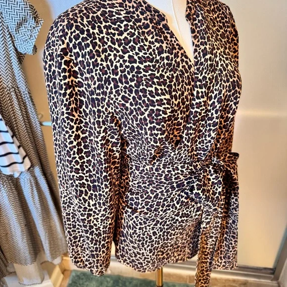 J. CREW Sara Drapey Wrap Brown & Black Leopard Print Blouse w Tie Bow - Picture 7 of 11
